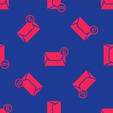 Red Mail and e-mail icon isolated seamless pattern on blue background. Envelope Stock Illustration