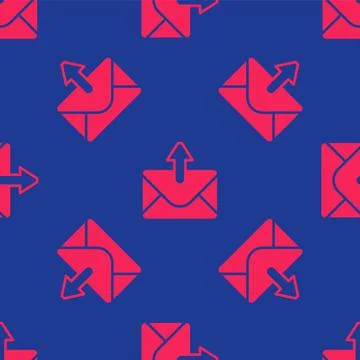 Red Mail and e-mail icon isolated seamless pattern on blue background. Envelope Stock Illustration