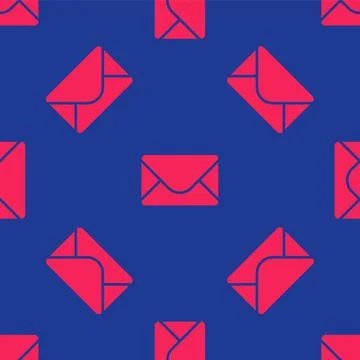 Red Mail and e-mail icon isolated seamless pattern on blue background. Envelope 스톡 일러스트