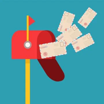 Red mail box with flying envelops on blue, stock vector illustration Stock-Illustration