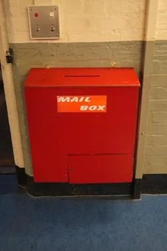 Red Mailbox And Control Panel Inside Historic Shrewsbury Prison, England Stock Photos