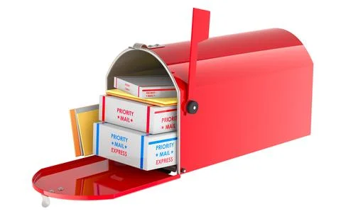 Red Mailbox with parcels, opened. 3D rendering Illustrazione stock