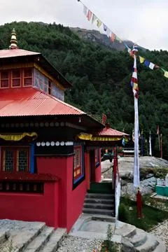 The red main building of the monastery built on a hill in the Monjo, Manjo vi Foto stock