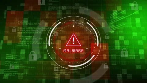 Red MALWARE warning with exclamation mark in circle with numbers. Stock Footage 241180446