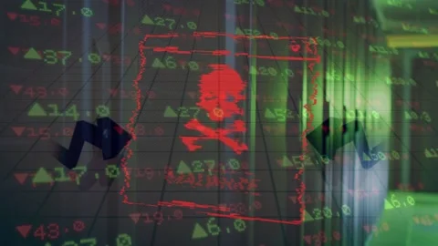 Red malware window appearing over racks, glitching while graphs sliding, Stock Footage 334881724