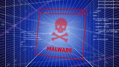 Red malware window showing in blue grid tunnel, glitching into fragments, ribbon Stock Footage 334351840