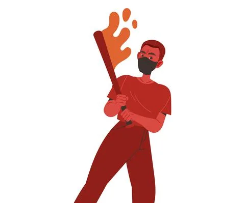 Red Man Aggressor with Bat Abusing and Insulting Weak Vector Illustration Stock Illustration