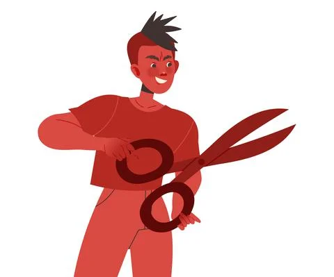 Red Man Aggressor with Scissors Abusing and Insulting Weak Vector Illustration Illustrazione stock
