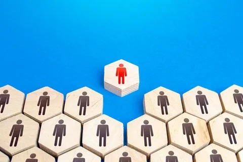 Red man comes out of structure of people. Integrity violation, non-conformist Foto stock