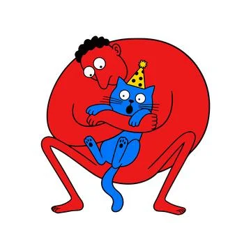 Red Man Hugging Blue Cat with Party Hat Stock Illustration