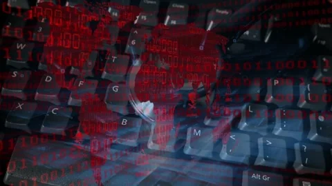 Red map and binary stream moving over keyboard as sphere enters, distorting Stock Footage 334881859