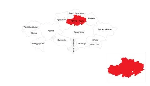 A red map of Kazakhstan highlighting a specific region in bold scarlet tones Stock Illustration