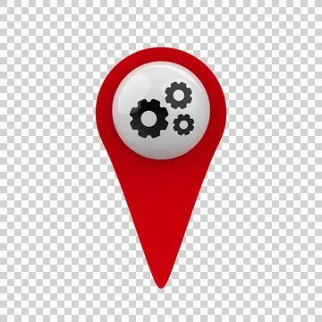 Red Map Pin Gears Cogs 3D Glossy Locator Icon Transparent Background Stock Illustration