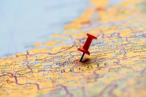Red map pin on a map of Brussels Stock Photos