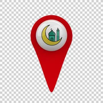 Red Map Pin Mosque Crescent Moon 3D Glossy Locator Icon Transparent Background Stock Illustration