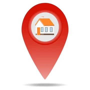 Red map pin pointer icon with house symbol inside isolated on white background Stock Illustration