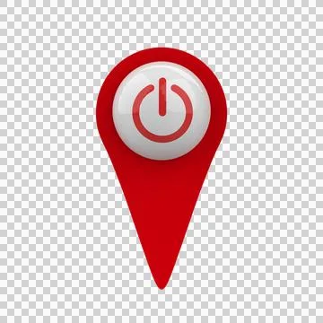 Red Map Pin Power Button 3D Glossy Locator Icon Transparent Background Stock Illustration