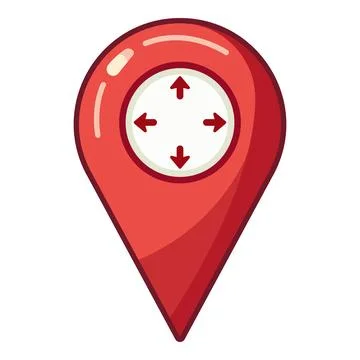 Red map pointer icon with expanding arrows, representing location, navigation 스톡 일러스트