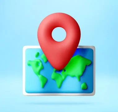 Red map pointer icon over stylized 3D world map Stock Illustration