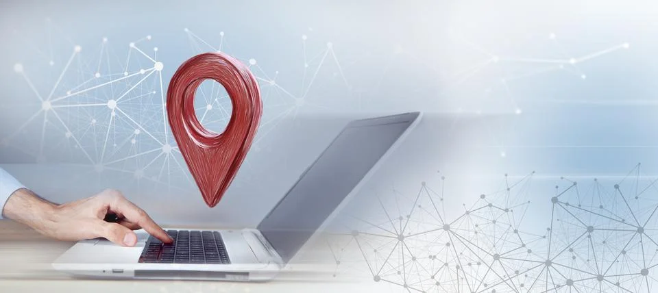 Red map pointer with location icon.  location marker symbol 스톡 사진