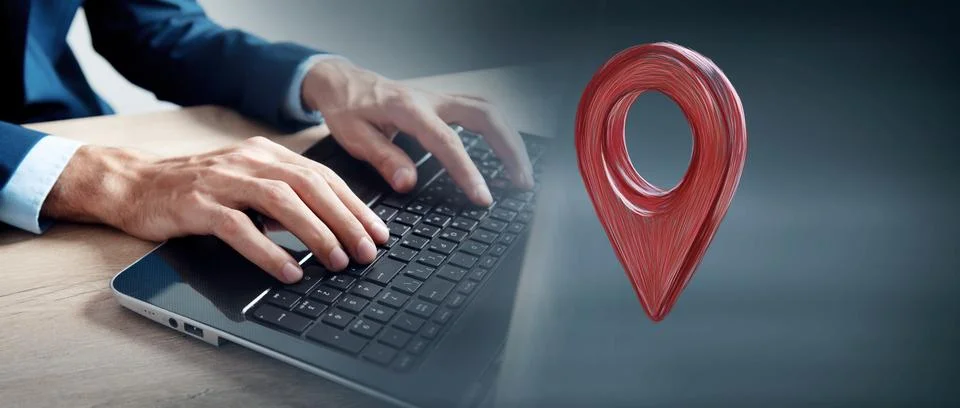 Red map pointer with location icon.  location marker symbol 스톡 사진