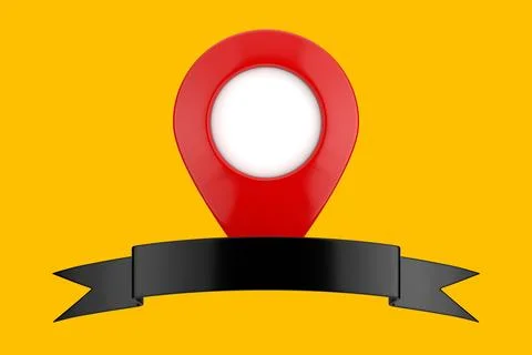 Red Map Pointer Pin with Black Empty Decorative Ribbon Banner. 3d Rendering Stock Illustration