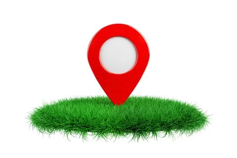 Red Map Pointer Pin on a Green Grass Podium Stage. 3d Rendering Stock Illustration