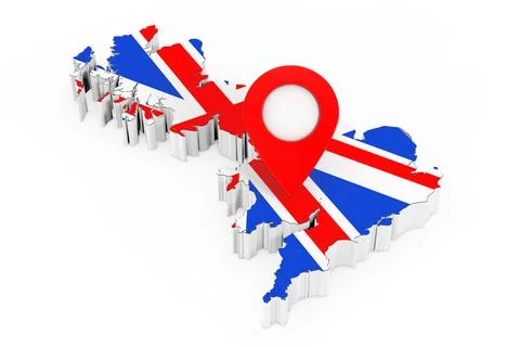 Red Map Pointer Pin over United Kingdom Map with Flag. 3d Rendering 스톡 일러스트