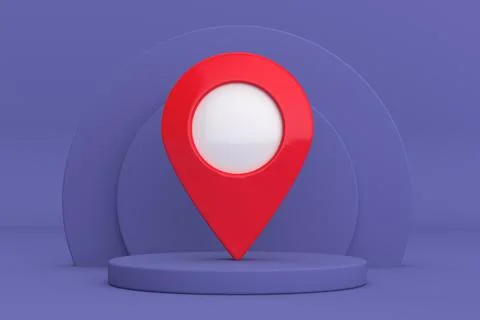 Red Map Pointer Pin over Violet Very Peri Cylinders Products Stage Pedestal.  Ilustração Stock