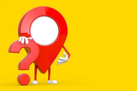 Red Map Pointer Pin Person Character Mascot with Red Question Mark Sign. 3d R Illustrazione stock