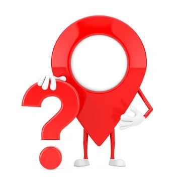 Red Map Pointer Pin Person Character Mascot with Red Question Mark Sign. 3d R Stock Illustration