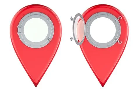 Red Map Pointer with Porthole Window. Open and Closed Views, 3D Rendering Illustration