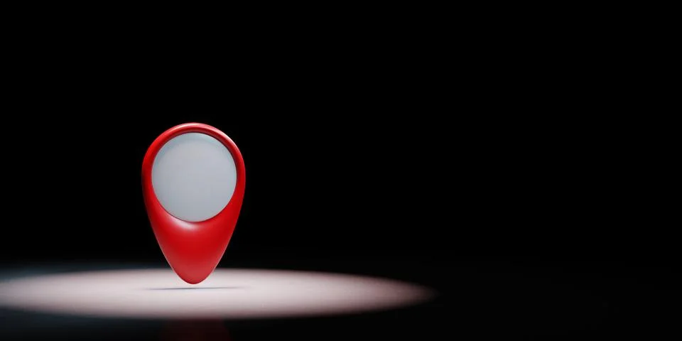 Red Map Pointer Spotlighted on Black Background with Copy Space 3D Illustrati Illustrazione stock