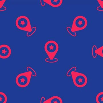 Red Map pointer with star icon isolated seamless pattern on blue background 스톡 일러스트