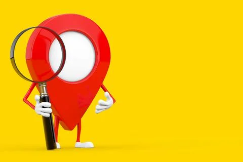 Red Map Pointer Target Pin Character Mascot with Magnifying Glass. 3d Renderi Illustrazione stock