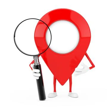 Red Map Pointer Target Pin Character Mascot with Magnifying Glass. 3d Renderi Stock Illustration