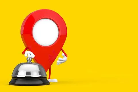 Red Map Pointer Target Pin Character Mascot with Hotel Service Bell Call. 3d  Stock Illustration
