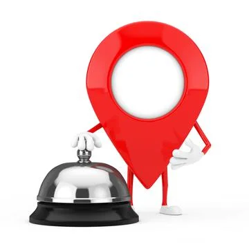 Red Map Pointer Target Pin Character Mascot with Hotel Service Bell Call. 3d  Stock-Illustration