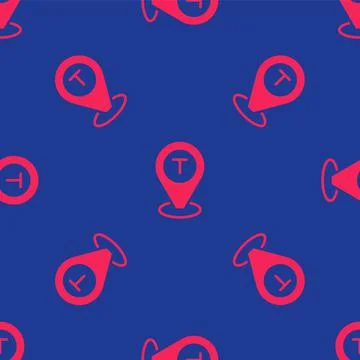 Red Map pointer with taxi car icon isolated seamless pattern on blue background Stock Illustration