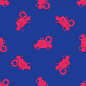 Red Map pointer with taxi car icon isolated seamless pattern on blue backgrou Stock Illustration