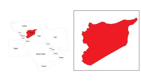 Red map of Syria highlighted in Middle East geography outline diagram and Stock Illustration