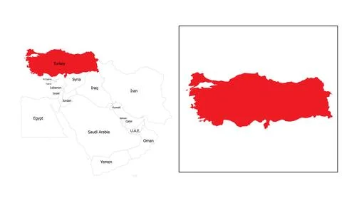 Red map of turkey showing national boundaries and geographic location on a Stock Illustration