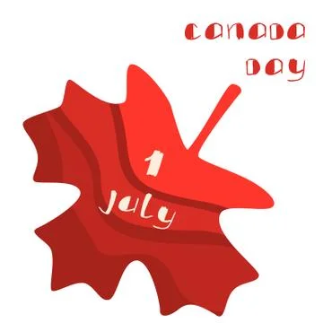 Red maple leaf and 1 July day text on white isolated backdrop. Stock Illustration