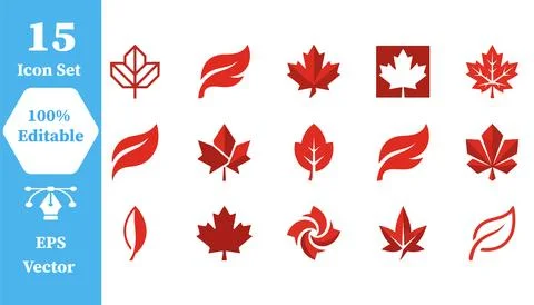 Red maple leaf icon set for autumn and nature designs with botanical, colle.. Ilustración de archivo