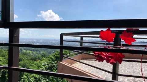 RED MAPLE LEAF MOVES WITH THE WIND ON MOUNTAIN SIDE ROOF DECK Stock Footage 138018331