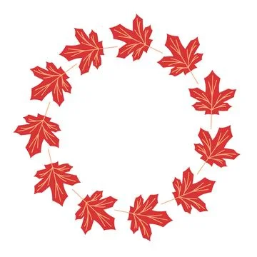 Red maple leaf wreath illustration with foliage arranged in a circular frame Stock Illustration