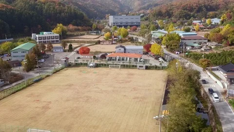 A red maple tree in a playground of a small school, South Kore Stock Footage 100960917