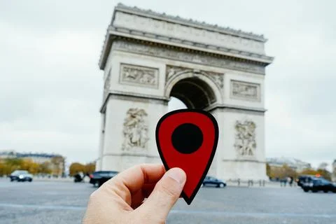 Red marker at the Arc de Triomph in Paris, France Stock Photos