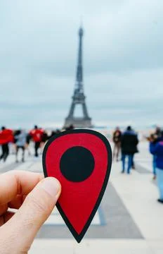 Red marker at the Eiffel Tower in Paris, France Stock Photos