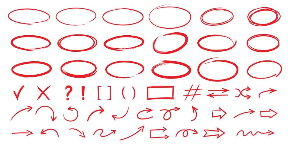 Red marker highlight vector set, hand-drawn circle arrows and correction ma.. Illustrazione stock